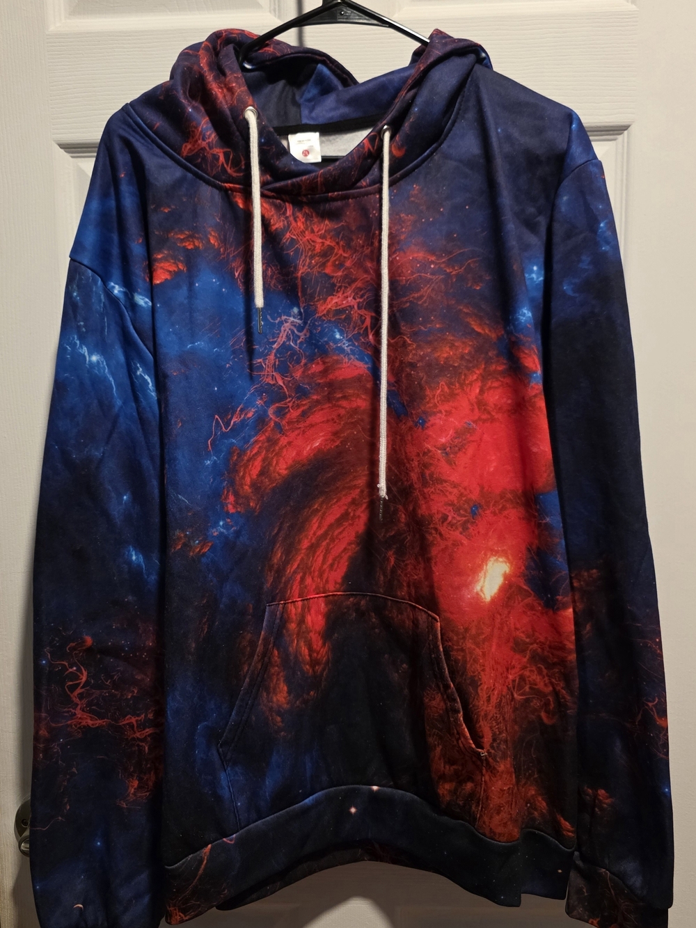 Galaxy Print Hooded Pullover Sweatshirt - Red & Blue